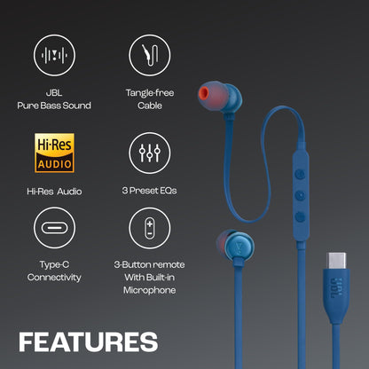 JBL Tune 310 Wired in-Ear Type C Headphones, Hi-Res Audio with Digital-to-Analog Converter, 3-Button EQ Preset Remote with Microphone, Tangle-Free Flat Cable, Compatible with USB-C Devices (Blue)