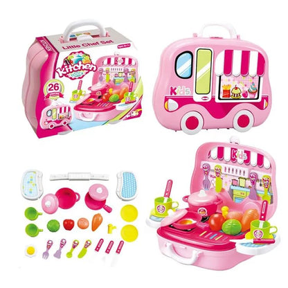 URBAN TOYS 26 Pcs Kitchen on Wheels Plastic Cooking Pretend Play Kitchen Toy Set for Boys and Girls | Suitcase Bag with Wheels, Food Party Role Play for Kids