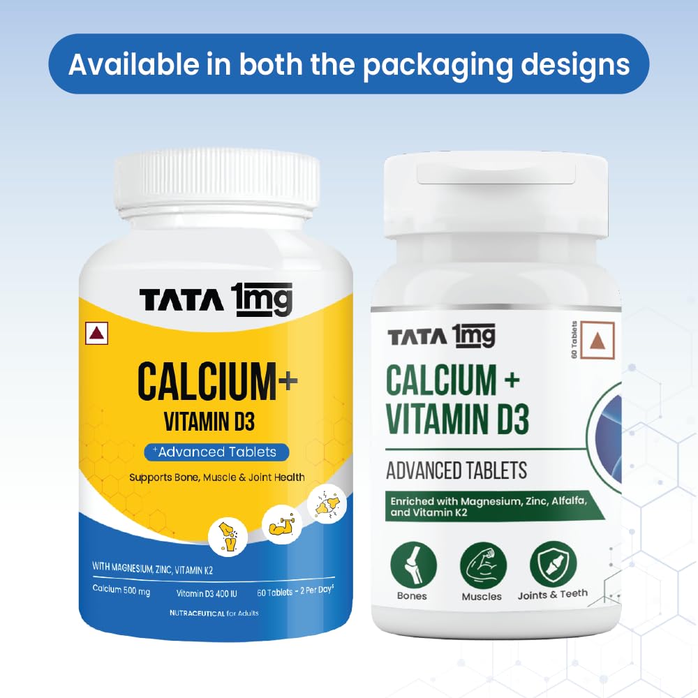 TATA 1mg Calcium & Vitamin D3 supplement with Zinc, Magnesium & Alfalfa | High absorption Calcium Citrate Maleate form | 500mg Calcium & 400iu Vitamin D3 | For strong bones & joints | 60 tablets