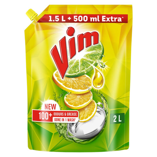 Vim Dishwash Liquid Gel Lemon Refill Pouch, 2 Ltr | Dishwash Gel Infused With The Power Of Lemons | Leaves No Residue