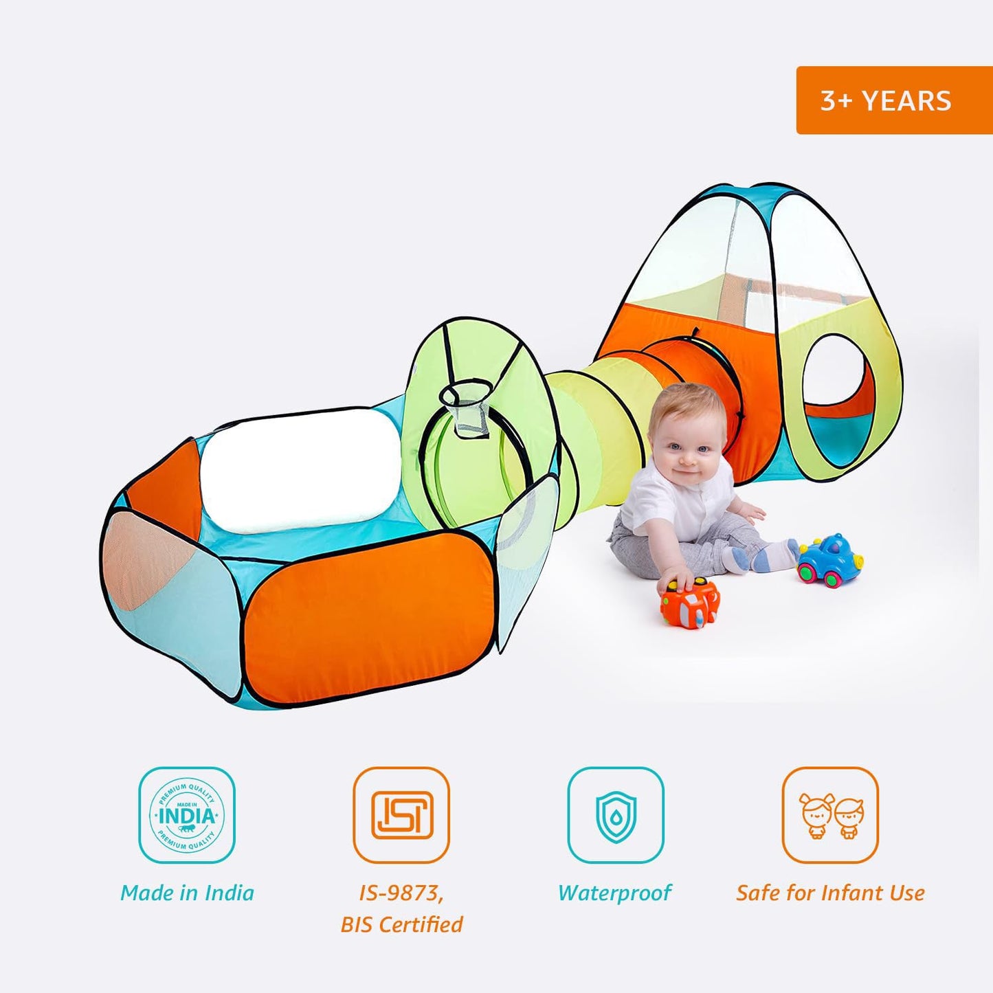 Amazon Brand - Jam & Honey Theme 3 in 1 Combo Tunnel | Tunnel, Tent House, Ball Hoop for Kids 3 to 6 Years | Spacious, Lightweight and Portable | Without Balls | Multi Colour