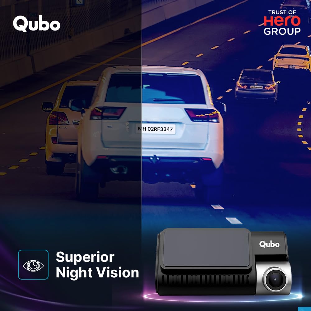 Qubo Car Dash Cam Pro 3K by Hero Group, HDR Dual Channel, Made in India, Sony STARVIS IMX335 Sensor, 3K 5MP Front QHD 2MP Rear FHD, 140° View, 3.2" LCD Display, GPS Log, Supports Up to 1 TB SD Card