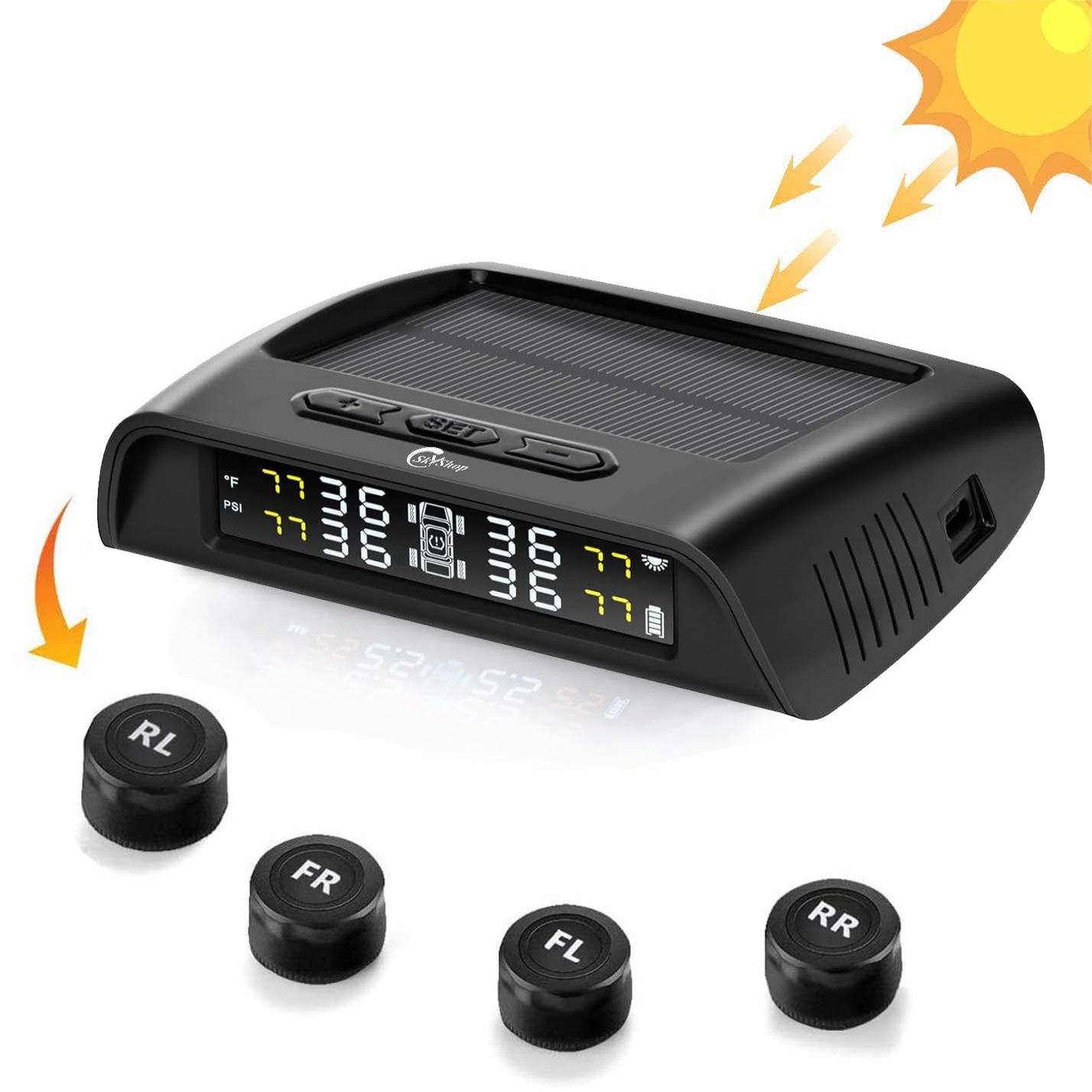 Skyshop® C240 Prime (Voice Alert) External USB/Solar TPMS (Car Tyre Pressure Monitoring System) Tire Pressure & Temperature Display