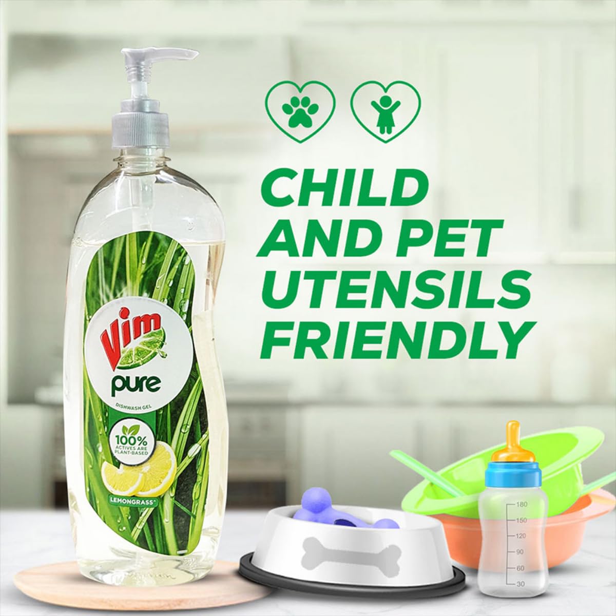 Vim Pure Dishwash Liquid Gel with Lemongrass Freshness, Removes tough grease, 100% Plant-Based, Paraben & Phosphate Free, Creamy foam, Safe for Child and Pet Utensils, 750 ml