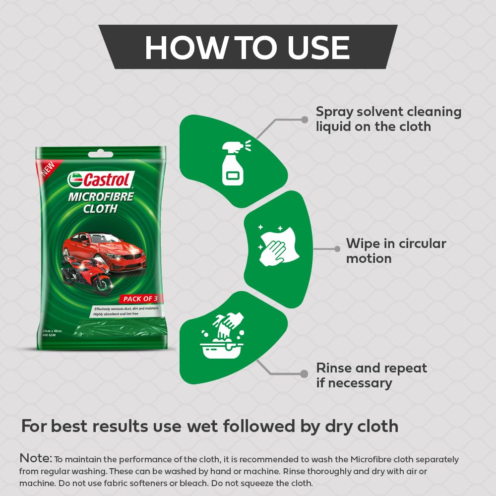 Castrol Microfibre Cloth for Cleaning | 400 GSM Thick Lint & Streak-Free Multipurpose and Reusable Cloth | High Water Absorption and Retention for Effortless Cleaning (Pack of 3, 40x40cm)