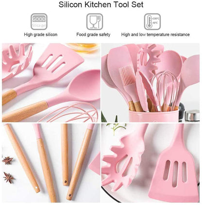 Klick n shop Silicone Kitchen Spatula and Utensils Spoon Set Cooking + Baking Set- 12 Pcs Non-Stick with Wooden Handle-BPA Free, Heat Resistant Item, Flexible Non Toxic Silicon Cookware Tools (Pink)