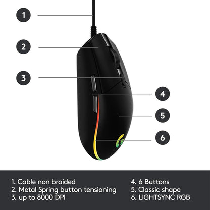 Logitech G102 USB Light Sync Gaming Mouse with Customizable RGB Lighting, 6 Programmable Buttons, Gaming Grade Sensor, 8K DPI Tracking, 16.8mn Color, Light Weight - Black