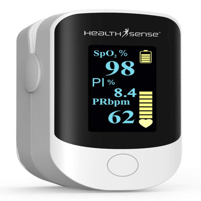 HealthSense Pulse Oximeter, SpO2 Fingertip Monitor with OLED Display, Audio Visual Alarm, Plethysmograph, Four Directional Display, 1 Year Warranty & Batteries Included - Accu-Beat FP 910