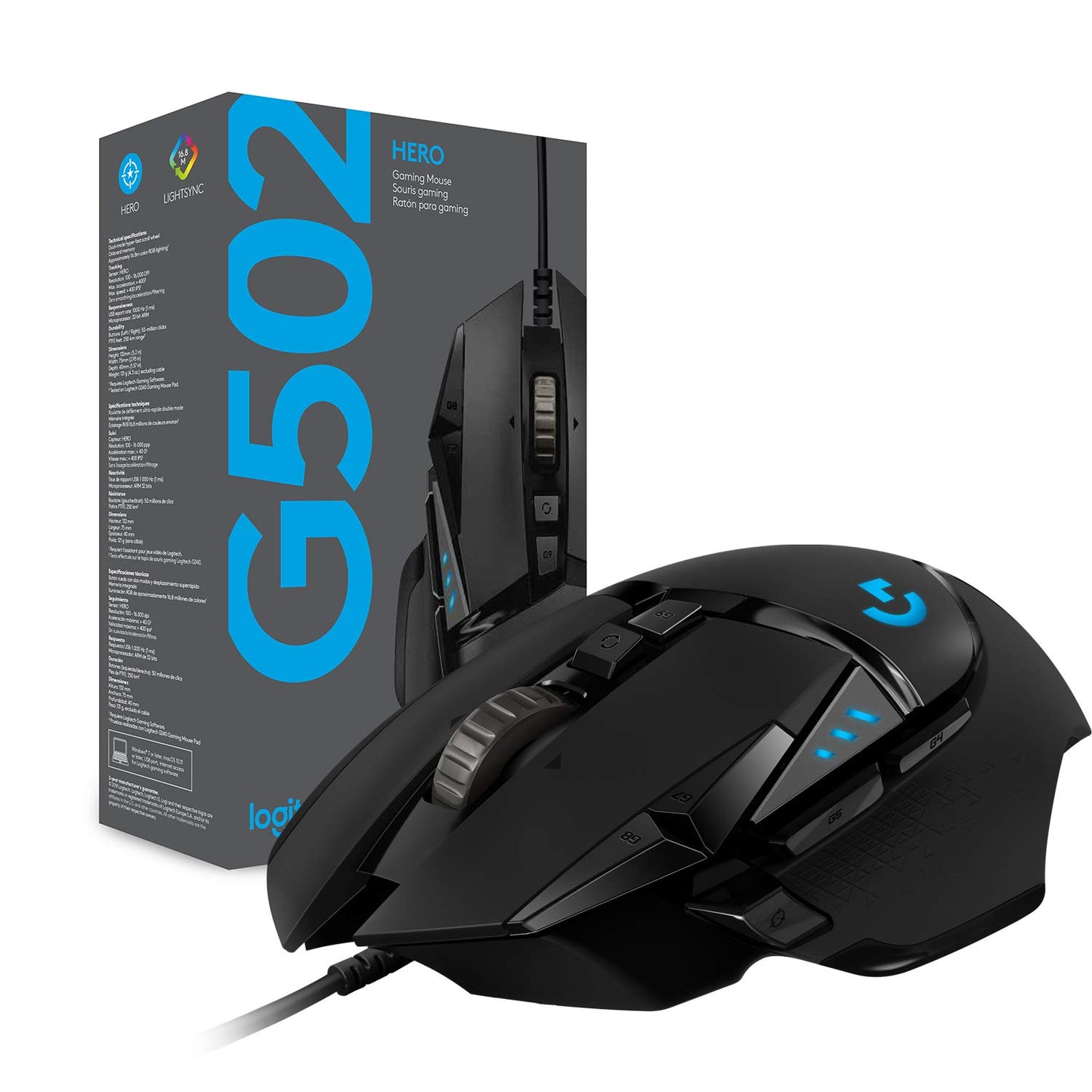 Logitech G502 Hero High Performance Wired USB Gaming Mouse, Hero 25K Sensor, 25,600 DPI, RGB, Adjustable Weights, 11 Programmable Buttons, On-Board Memory, PC/Mac - Black