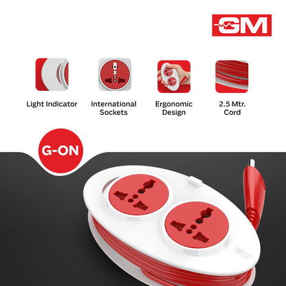 GM 3206 G-On Mini 2 Pin Extension Cord 2.5 Mtr. with Indicator, Safety Shutter & 2 International Sockets