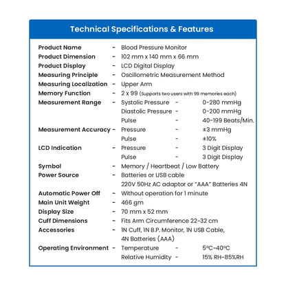 TATA 1mg Blood Pressure Monitor | Digital BP check machine for home | Large, backlit LCD Display & One Touch Operation | Free Travel Pouch | With USB cable & AA battery | Memory 99 sets for 2 users