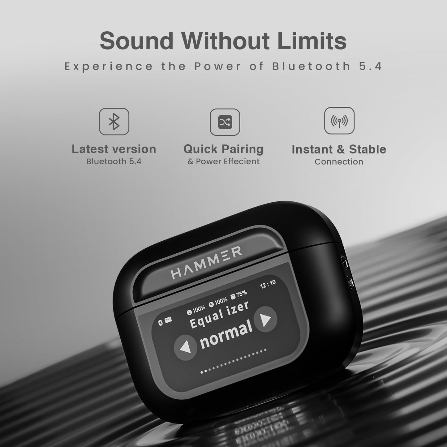 HAMMER Screen TWS, ANC (32dB), Smart Touch Display True Wireless Buds, Type-C Fast Charging, Bv5.4, Find My Earbuds, 4 Mics ENC for Clear Calling, Transparency Mode, EQ Mode (Black)