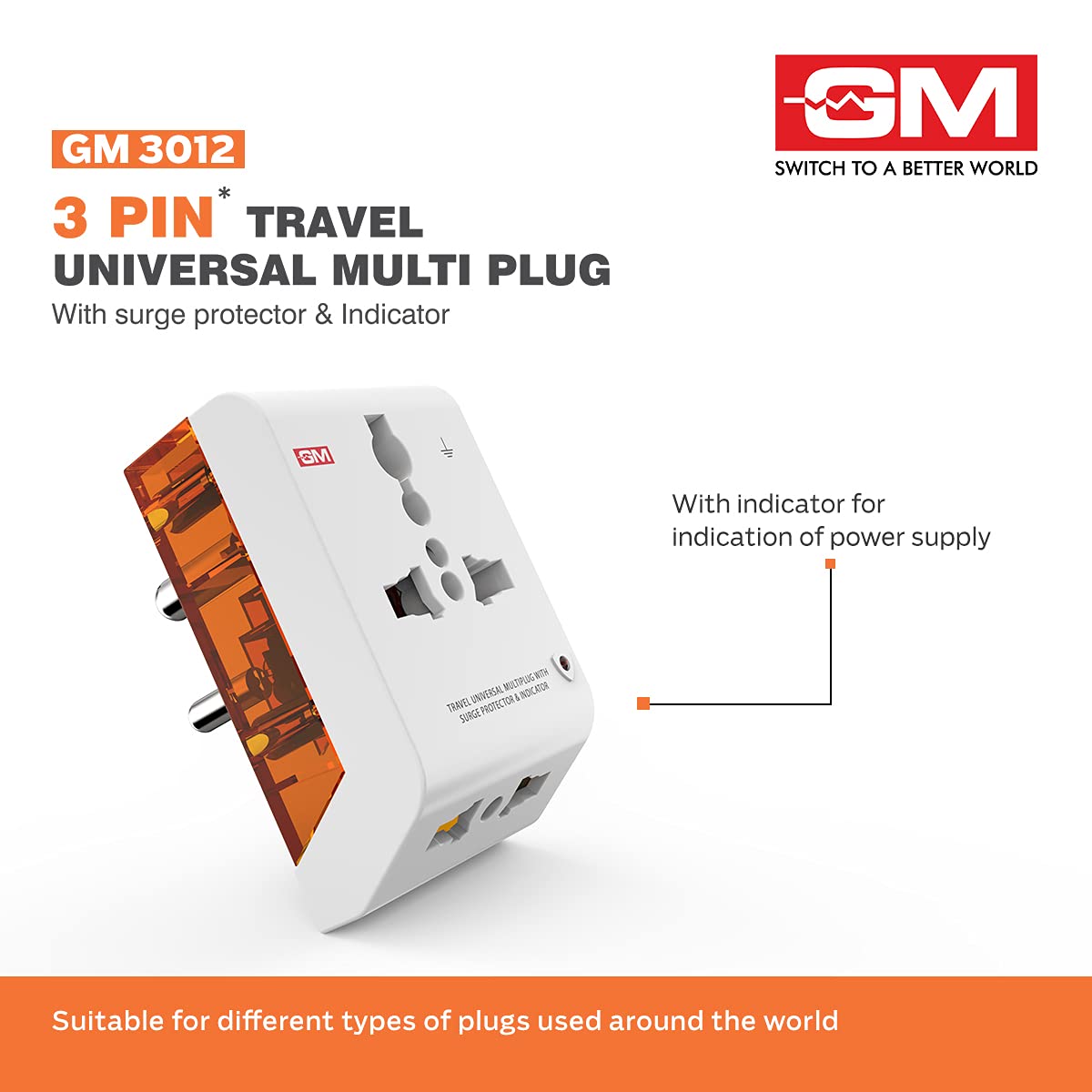 GM 3012 3 Pin Travel Universal Multi Plug Adaptor with Surge Protector and Indicator White Pack of 1