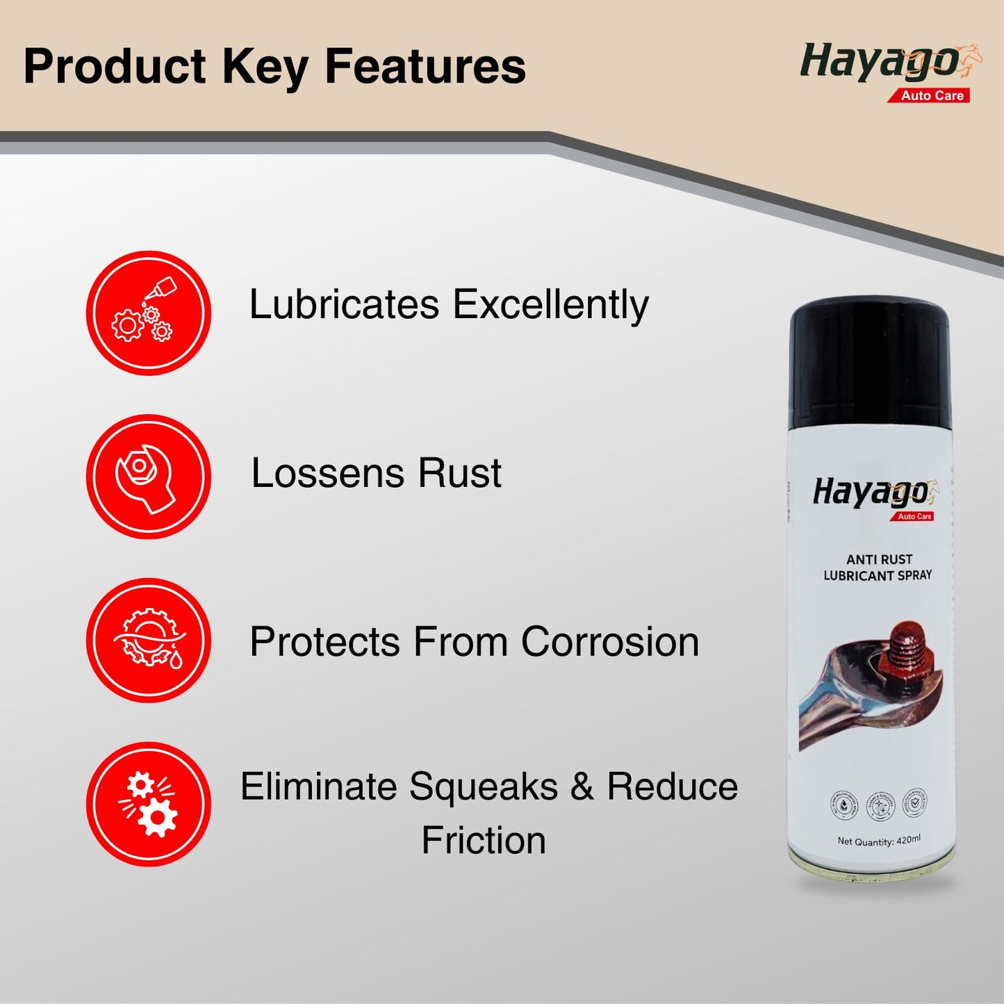 Hayago - Anti-Rust Spray (420ml) | Ultimate Rust Protection for Cars & Bikes | Powerful Anti-Corrosion & Rust Remover | Multi-Surface Rust Defender Spray