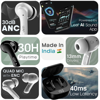 Leaf Buds X614 True Wireless ANC in Ear Earbuds with Ai Sound App,Active Noise Cancellation,Transparency Mode,30H Playtime,Quad Mic Enc,40Ms Low Latency,13Mm Driver,Ipx5,Bluetooth V5.3(Carbon Black)