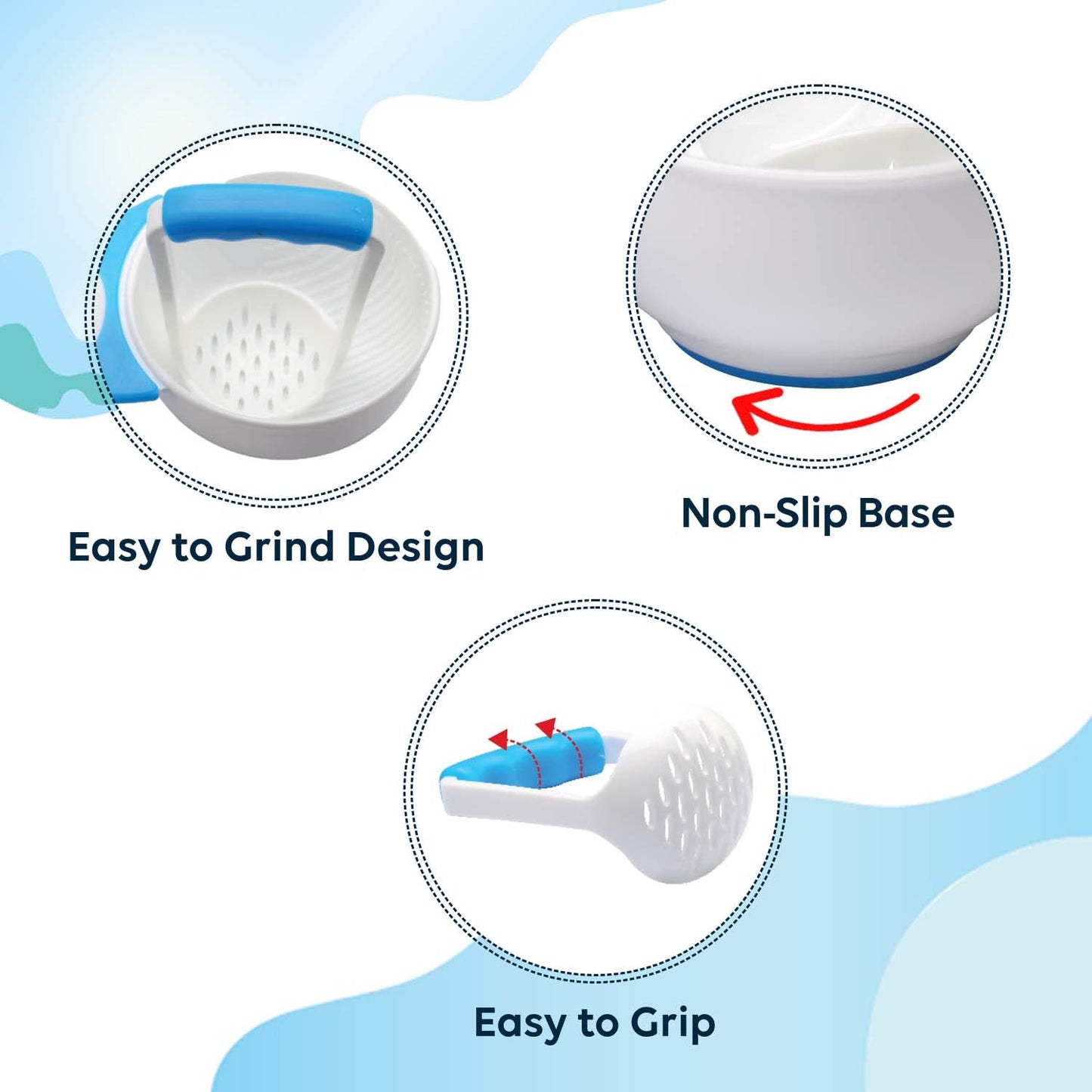 LuvLap Baby Food Grinding Cum Feeding Bowl, Portable Baby Food Masher & Serving Bowl for Baby weaning Food Preparation (Pack of 1 Set,White & Blue)