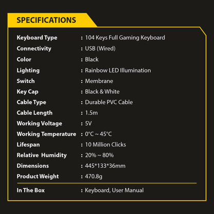 Ant Esports MK1400 Pro Backlit Membrane Wired Gaming Keyboard with Mixed Colour Lighting, White & Black Keycaps, Double Injection Key Caps - Black