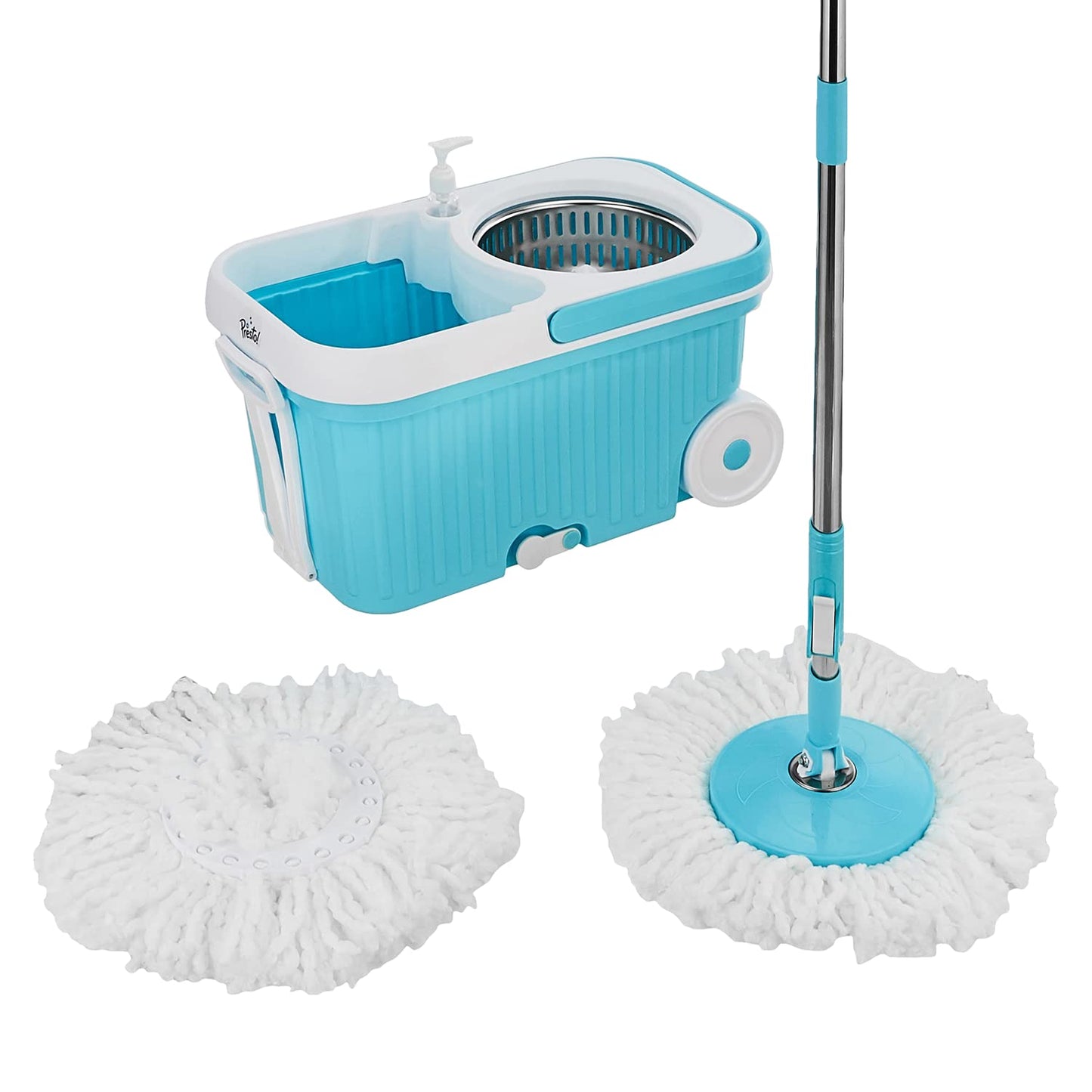 Amazon Brand - Presto! Elite Spin Mop with Steel Wringer and Auto-fold Handle, Blue, 2 Refills