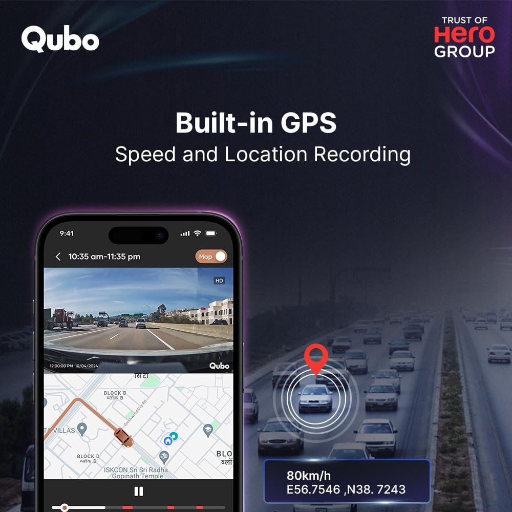 Qubo Car Dash Cam Pro 3K by Hero Group, HDR Dual Channel, Made in India, Sony STARVIS IMX335 Sensor, 3K 5MP Front QHD 2MP Rear FHD, 140° View, 3.2" LCD Display, GPS Log, Supports Up to 1 TB SD Card