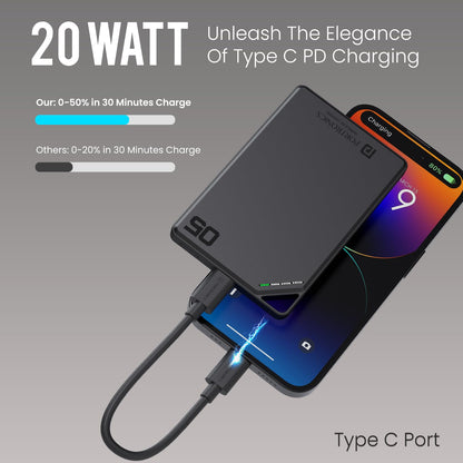 Portronics Boosty 5k 5000mAh 15W Wireless Magnetic Fast Charging Slimmest Powerbank, Metallic Finish, 20W Type C PD Output, Light Weight, Compatible with iPhone 12 Above, Other Qi Enabled Devices