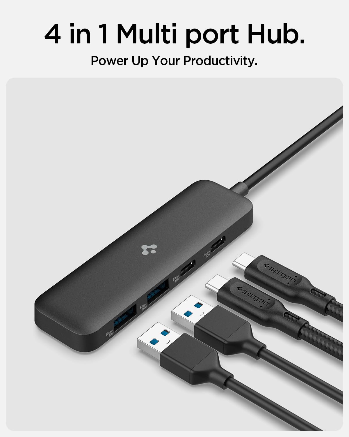 Spigen 4-in-1 USB Hub 3.2 gen1 5Gbps and 2 USB-A with 5Gbps, 2 USB-C with 5Gbps Lightweight Portable hub - Black