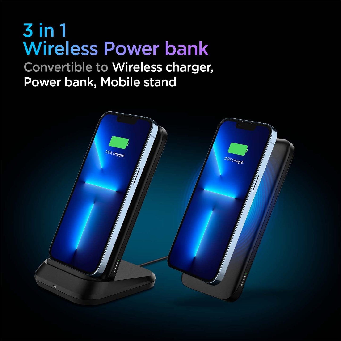 Spigen 3in1 10000mAh Wireless Charging Power Bank with USB-A | USB-C 20W Fast Charging, Included USB-C to USB-C Cable, Lithium Polymer - Black