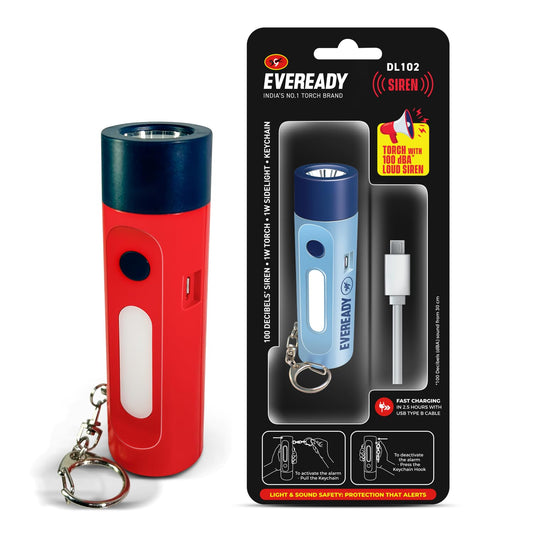 Eveready Siren DL102 Rechargeable Torch with 100 Decibels (dBA) Personal Safety Alarm - for Women, Kids & Elderly | 1W Torch, 1W Sidelight, Flasher, Keychain, USB Type B Fast Charging