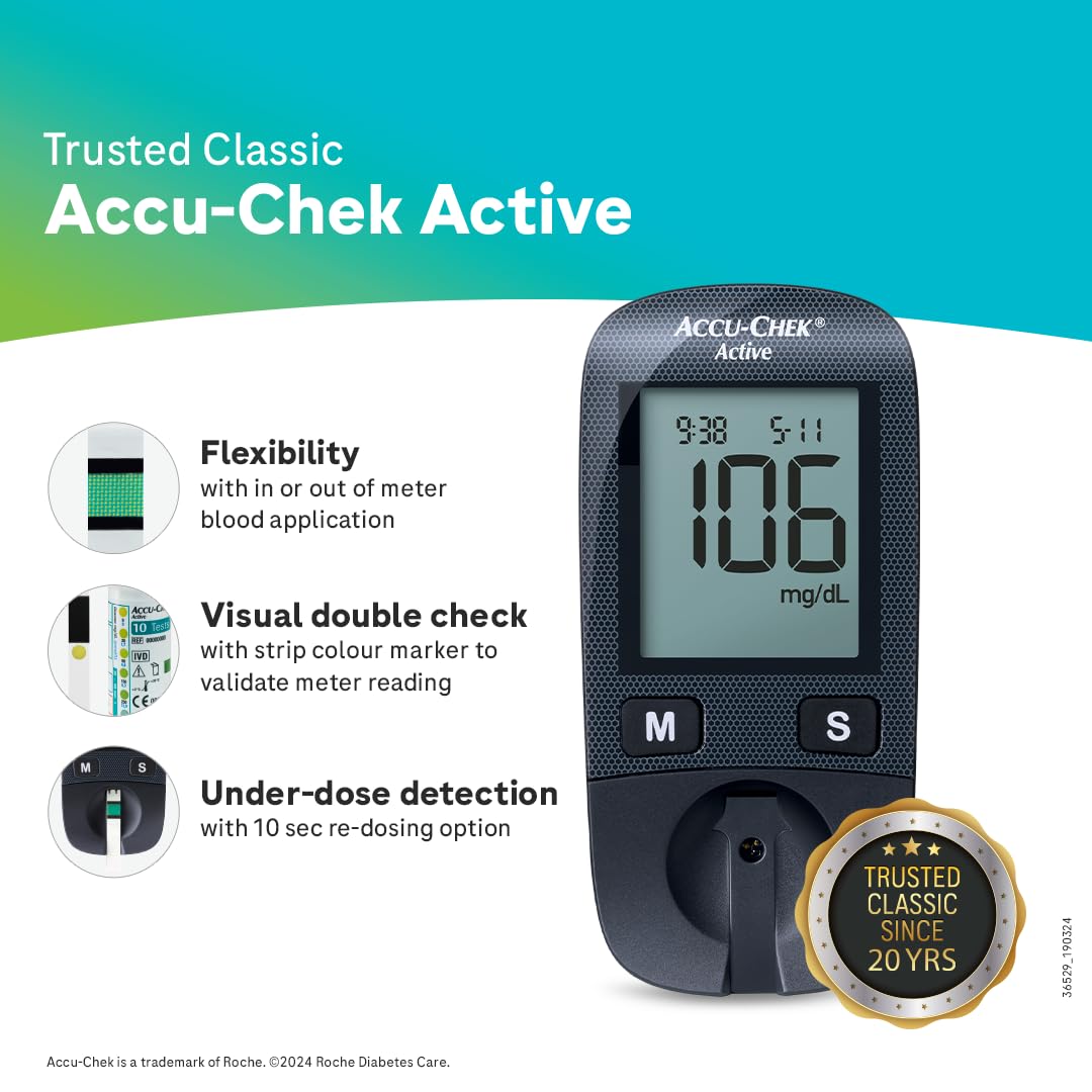 Accu-Chek Active Blood Glucose Glucometer Kit With Vial Of 10 Strips, 10 Lancets And A Lancing Device Free For Accurate Blood Sugar Testing