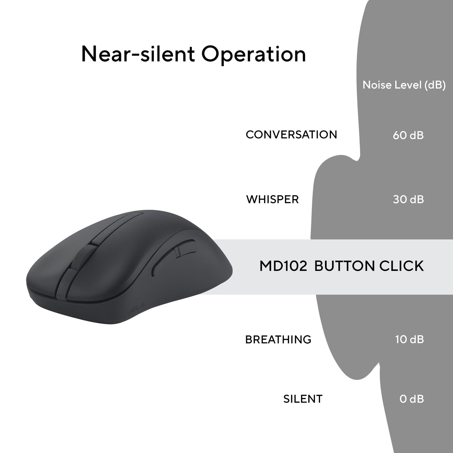 ASUS Wireless Mouse MD102 2.4GHz Mode, Ergonomic Design, Silent, Reliable, Dual Mode Connectivity, Adjustable DPI, 10 Million Click Life, Dark Grey