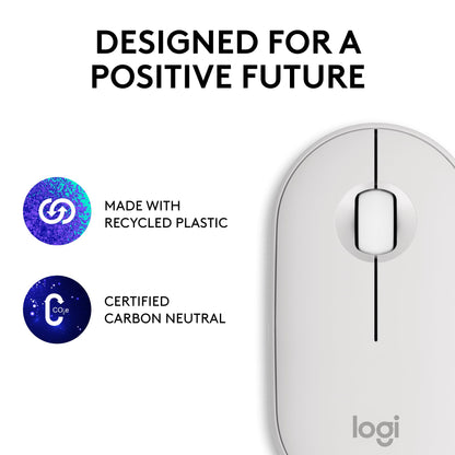 Logitech Pebble Mouse 2 M350s Slim Bluetooth Wireless Mouse, Portable, Lightweight, Customisable Button, Quiet Clicks, Easy-Switch for Windows, macOS, iPadOS, Android, Chrome OS - Tonal White