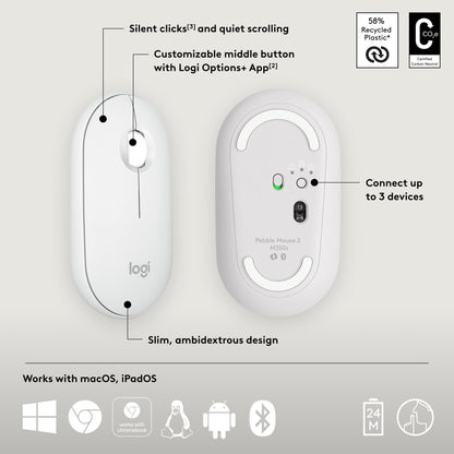 Logitech Pebble Mouse 2 M350s Slim Bluetooth Wireless Mouse, Portable, Lightweight, Customisable Button, Quiet Clicks, Easy-Switch for Windows, macOS, iPadOS, Android, Chrome OS - Tonal White