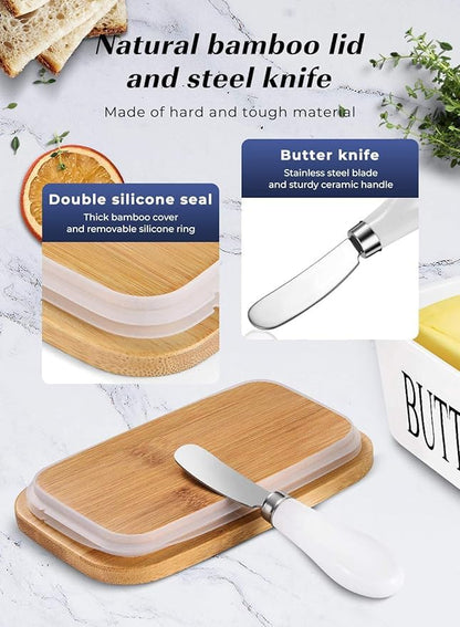 Ceramic Butter Dish with Wooden Large Butter Box Container Keeper Storage with Stainless Steel Butter Knife Spreader, Multi (White)