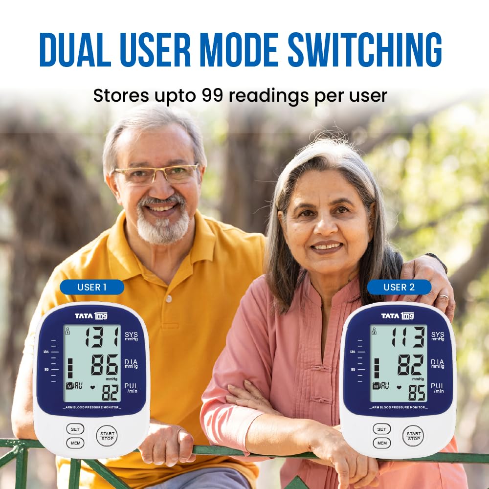 TATA 1mg Blood Pressure Monitor | Digital BP check machine for home | Large, backlit LCD Display & One Touch Operation | Free Travel Pouch | With USB cable & AA battery | Memory 99 sets for 2 users