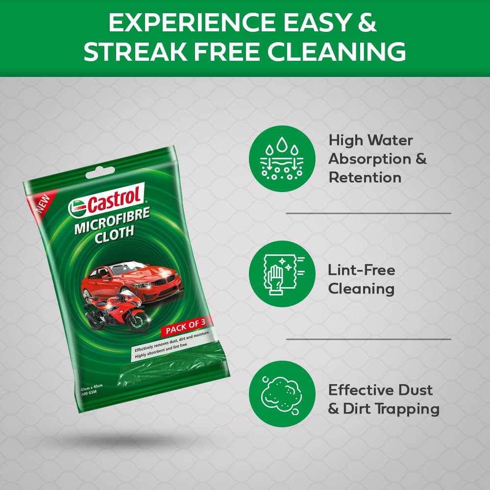 Castrol Microfibre Cloth for Cleaning | 400 GSM Thick Lint & Streak-Free Multipurpose and Reusable Cloth | High Water Absorption and Retention for Effortless Cleaning (Pack of 3, 40x40cm)