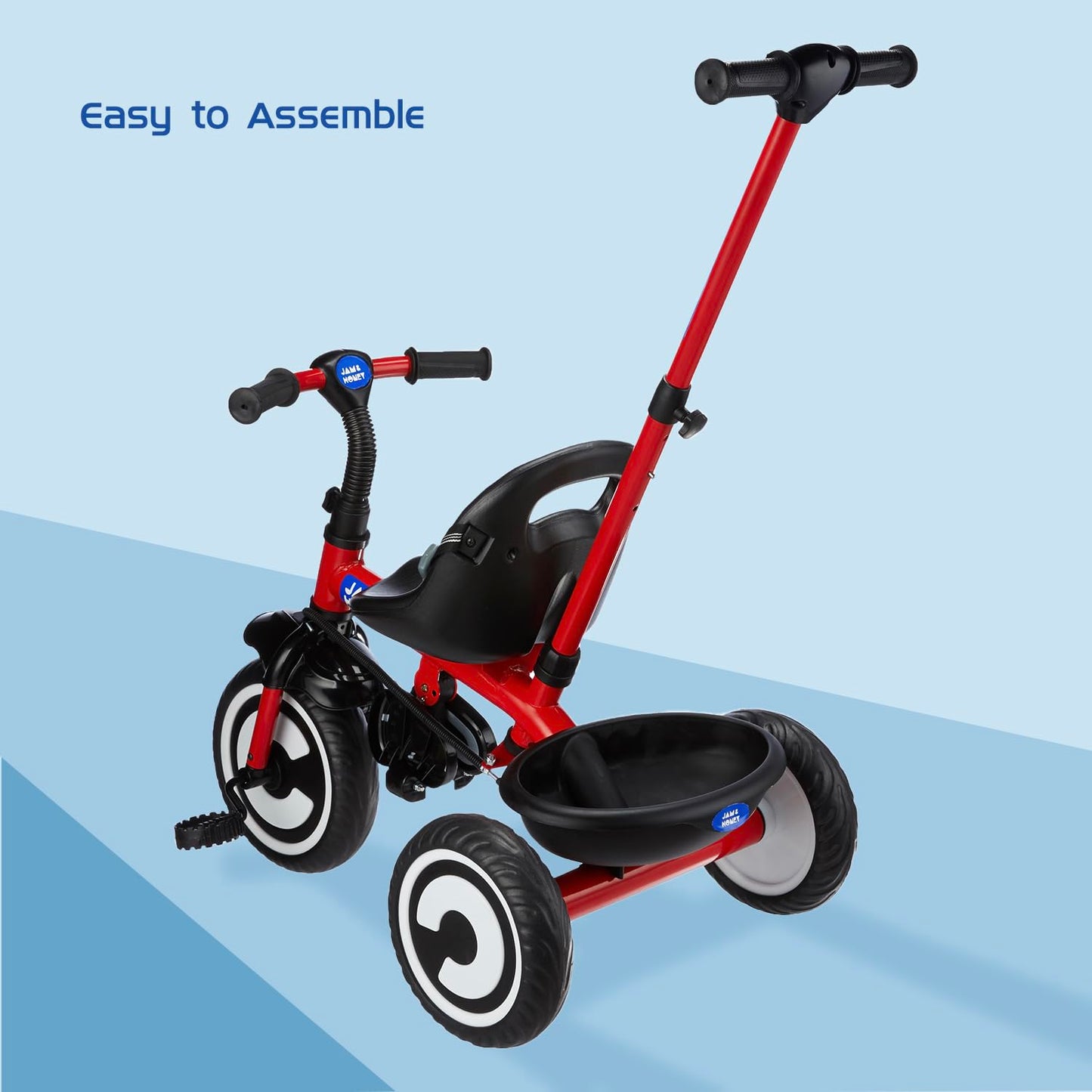 Amazon Brand - Jam & Honey Tricycle for Kids | Plug N Play | Parental Handle and Seatbelt (Red)