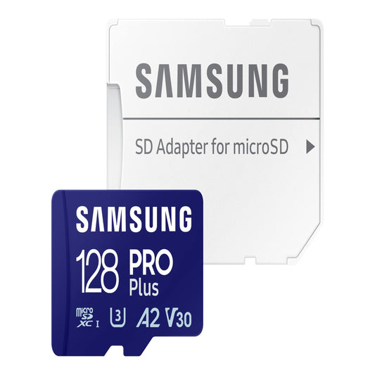 SAMSUNG PRO Plus microSD Memory Card + Adapter, 128GB MicroSDXC, Up to 180 MB/s, Full HD & 4K UHD, UHS-I, C10, U3, V30, A2 for Android Phones, Tablets, Action Camera, Drone, MB-MD128SA/APC