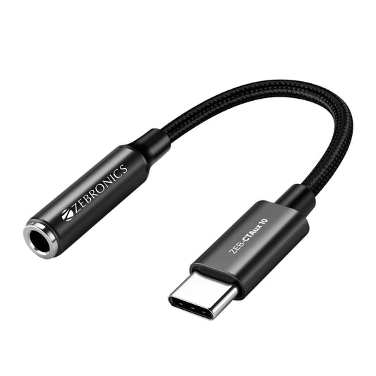 ZEBRONICS CTAux10, Type-C to 3.5mm Converter, Built in DAC Chip, Aluminum Body, Braided Cable, Supports Mic and Audio, for Smartphones | Tablets | Laptops