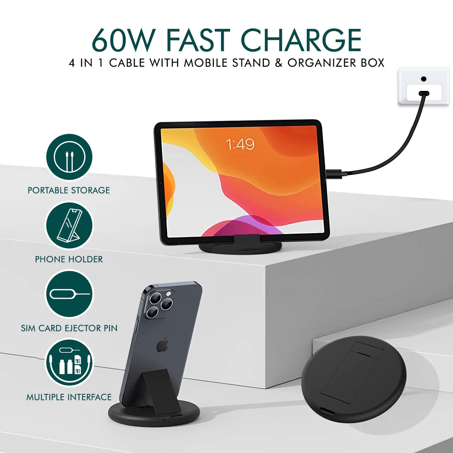 Wayona All in One 60W USB C to C Fast Charging Travel Cable Set Type C,Lightening and Micro USB Port Inbuilt Mobile Stand Compatible with iPhone,iPad,Samsung,OnePlus,Mi,Oppo,Vivo,iQOO (All in 1,Black)