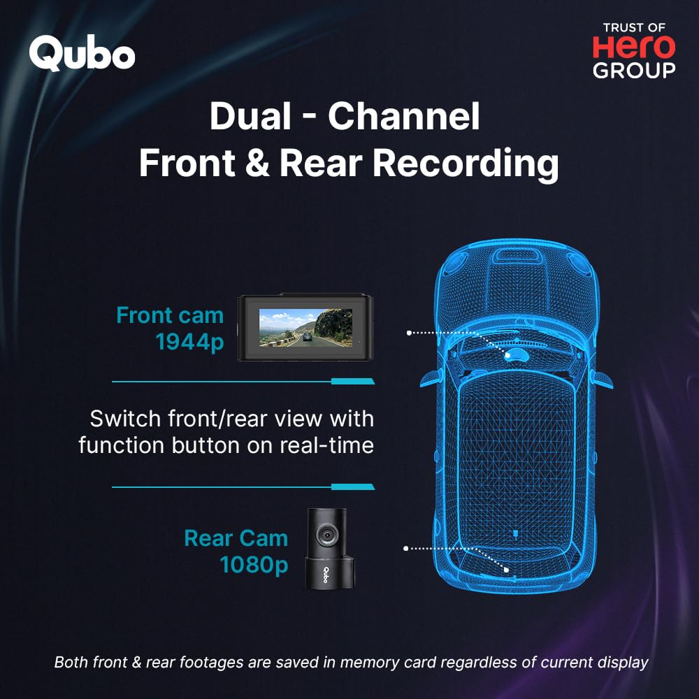 Qubo Car Dash Cam Pro 3K by Hero Group, HDR Dual Channel, Made in India, Sony STARVIS IMX335 Sensor, 3K 5MP Front QHD 2MP Rear FHD, 140° View, 3.2" LCD Display, GPS Log, Supports Up to 1 TB SD Card