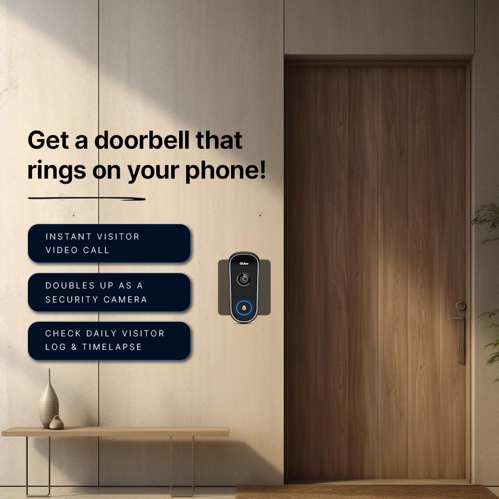 Qubo Smart WiFi Video Doorbell Pro 2K from Hero Group | Instant Phone Visitor Video Call | Intruder Alarm | 3MP 1296P Resolution | 2-Way Talk | Alexa & OK Google | Plug and Play Chime | 2024 Launch