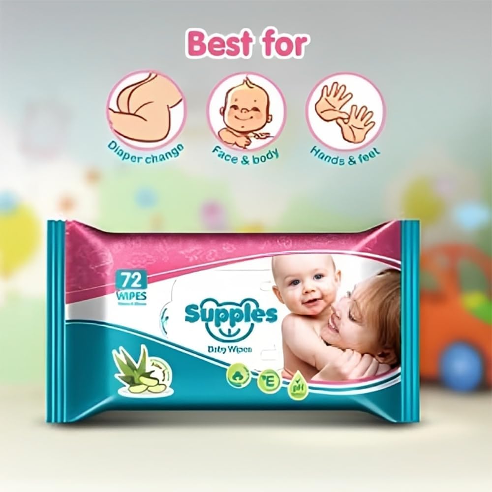 Amazon Brand - Supples Baby Wet Wipes With Aloe Vera And Vitamin E - 72 Wipes/Pack (Pack Of 9)