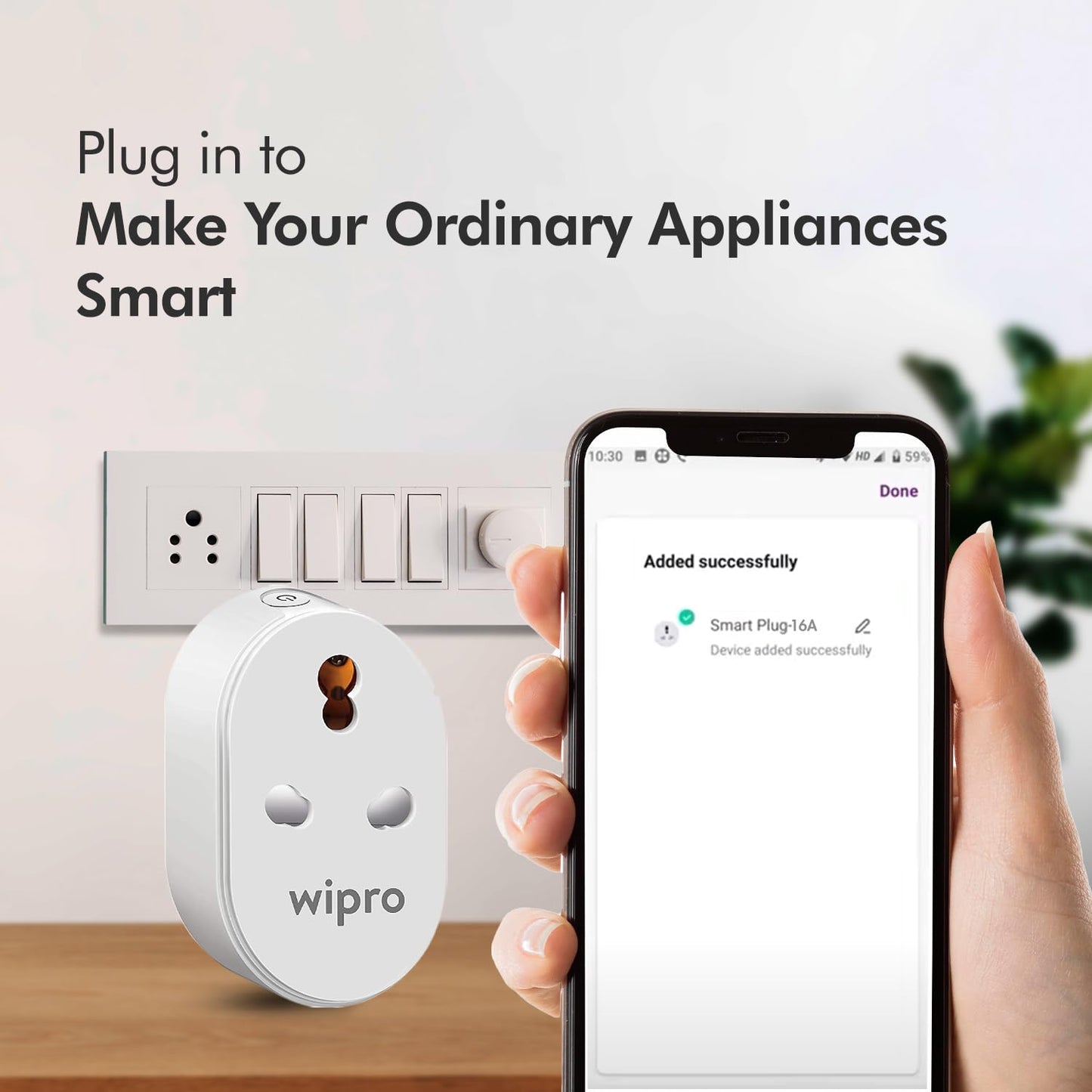 Wipro 16A Wi-Fi Smart Plug with Energy Monitoring- Suitable for Large Appliances like Geysers, Microwave Ovens, Air Conditioners (Works with Alexa and Google Assistant)- White