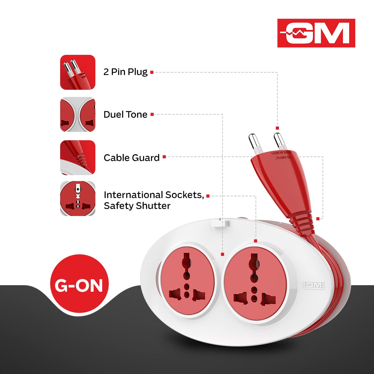 GM 3206 G-On Mini 2 Pin Extension Cord 2.5 Mtr. with Indicator, Safety Shutter & 2 International Sockets