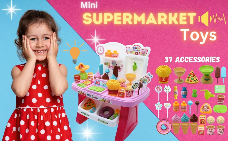 Brand conquer Pretend Play Mini Supermarket Toy Candy Sweet Shopping cart, Pretend Play Kitchen Set for Kids Girl & Boys ice Cream Set Toy for Kids 37 Pieces (Mini Market)