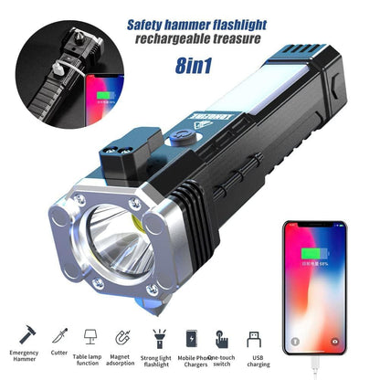 Bulibox 3W LED Rechargeable Torch Flashlight - Long-Range Beam, Portable Emergency Car Rescue Tool with Glass Breaker, Seat Belt Cutter, and Built-in Hammer (Torch Light)