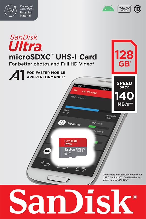 SanDisk Ultra 128GB microSDXC UHS-I, 140MB/s R, Memory Card, 10 Y Warranty, for Smartphones