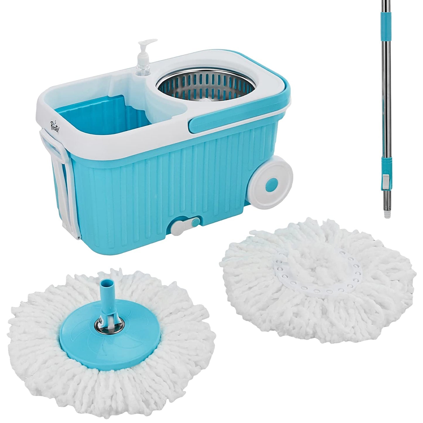 Amazon Brand - Presto! Elite Spin Mop with Steel Wringer and Auto-fold Handle, Blue, 2 Refills