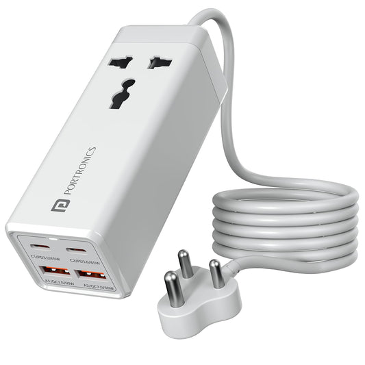 Portronics Adapto Volt 65 65W High Speed 5-in-1 Power Strip with 2 Type C PD Ports, 2 Mach USB Ports and 1 AC Power Socket, Compatible with Laptop,Smartphones, iPhones, Tablet, Power Bank(White)