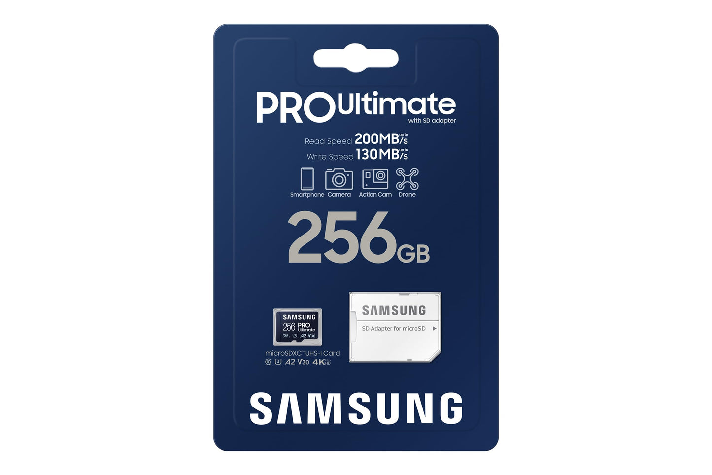 SAMSUNG PRO Ultimate microSD Memory Card + Adapter, 256GB microSDXC, Up to 200 MB/s, 4K UHD, UHS-I, Class 10, U3,V30, A2 for Action Camera, Drone, Gaming, Phones, Tablets, MB-MY256SA/WW