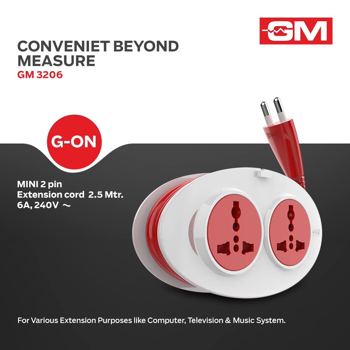 GM 3206 G-On Mini 2 Pin Extension Cord 2.5 Mtr. with Indicator, Safety Shutter & 2 International Sockets